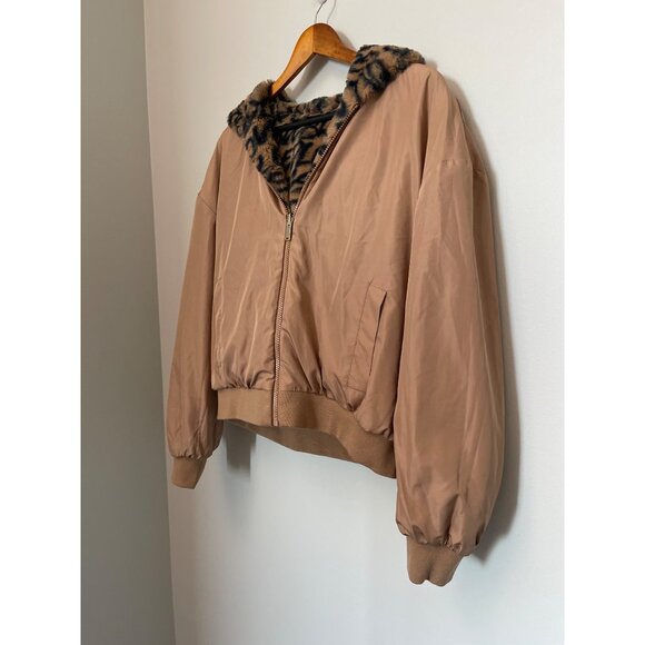 Reversible NY&C Womens Hooded Bomber Jacket With "Leopard" Feaux fur Print & Tan - Picture 5 of 12